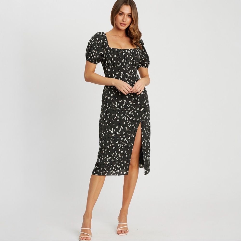 CALLI Dark Green Floral Puff Sleeve Midi‎ Dress Size 8